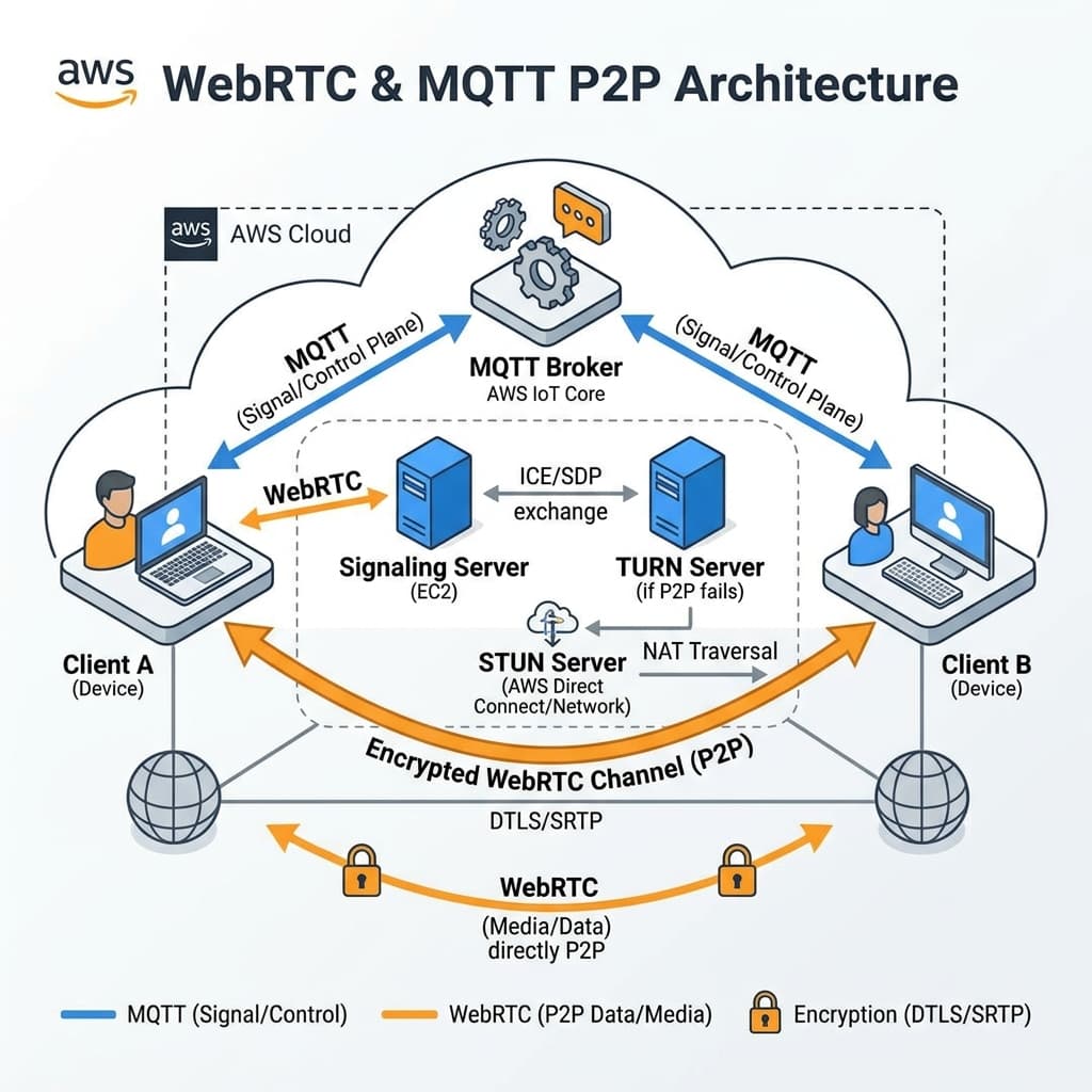 FinlyZone P2P WebRTC and MQTT Architecture Diagram